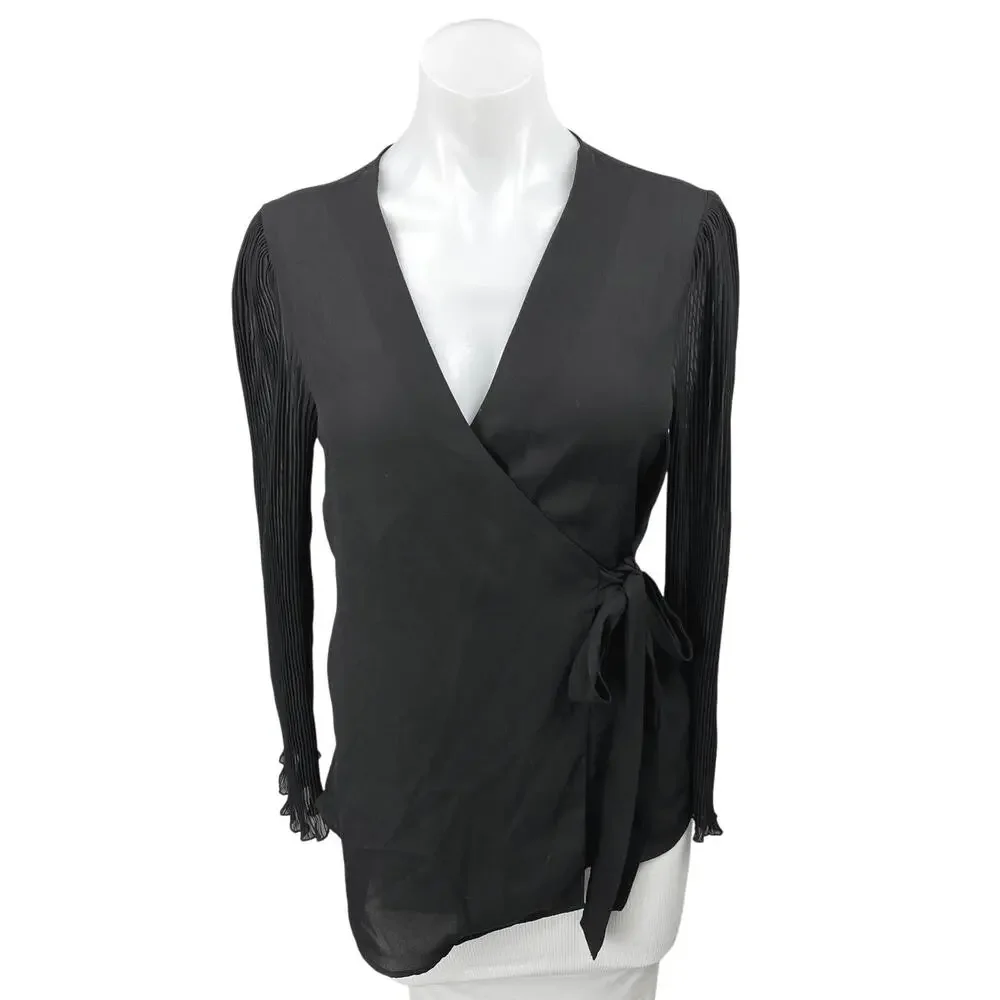 Zara Black Pleated Long Sleeve Career Lightweight V Neck Wrap Blouse Top Size S